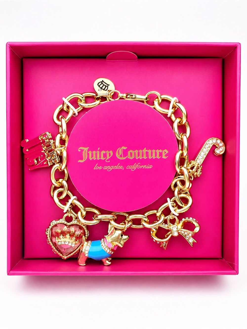 Juicy Couture Gold Charm Bracelet with Scottie Dog, Heart, Rhinestone Bow Charms